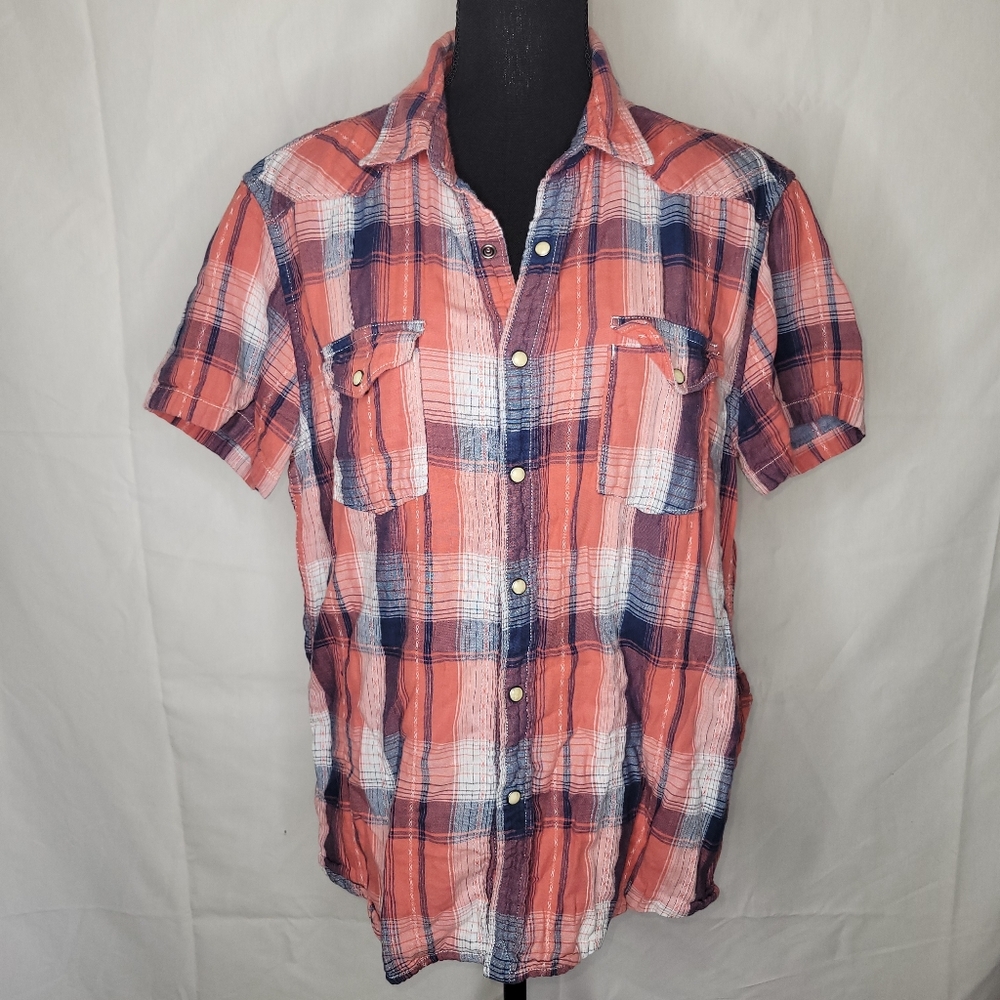 Lucky Brand Women's Plaid‎ Button-Down Shirt - Coral and Navy